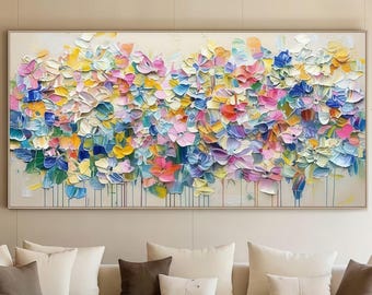 Large Abstract Floral Wall Art | Textured Colorful Flower Painting | Modern Impasto Canvas | Vibrant Horizontal Living Room Decor Piece