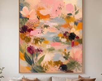 Large Colorful Abstract Floral Canvas Wall Art, Pink Garden Oil Painting, Modern Expressive Botanical Art, Living Room Above Sofa Decor