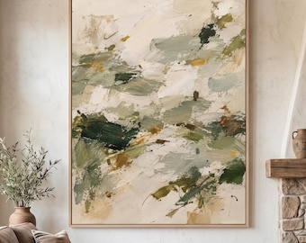 Large Sage Green Abstract Canvas Wall Art, Earthy Olive Green Oil Painting, Beige Landscape Decor, Modern Farmhouse Living Room Art