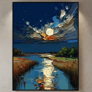 Grande dipinto astratto ad olio con paesaggio / Opera d'arte da parete con fiume illuminato dalla luna / Tela materica con spatola / Arredamento moderno per soggiorno / Opera d'arte con cielo notturno