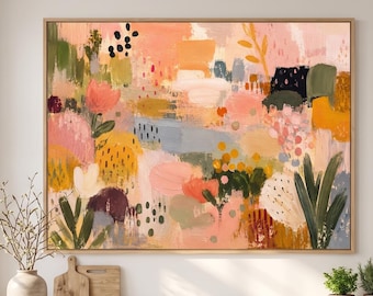 Large Pink Abstract Floral Canvas Wall Art | Colorful Garden Oil Painting | Modern Botanical Art | Kitchen Dining Living Room Decor