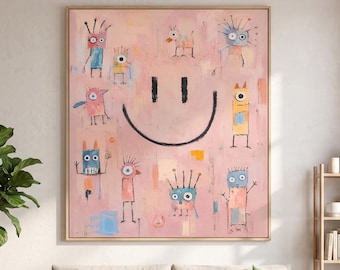 Large Pink Smiley Face Canvas Wall Art, Funky Cute Monster Painting, Basquiat Style Graffiti Art, Nursery Kids Room Decor