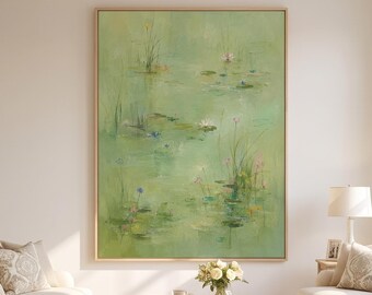 Large Green Water Lily Oil Painting | Original Abstract Pond Canvas Art | Heavy Impasto Botanical Wall Art | Oversized Living Room Decor