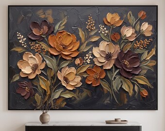 Moody Floral Oil Painting on Canvas, 3D Heavy Impasto Textured Flower Wall Art, Large Dark Botanical Canvas Art, Modern Living Room Decor