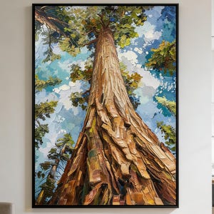Opera d'arte raffigurante una sequoia gigante / Decorazione murale forestale a impasto / Stampa su tela di sequoia / Dipinto naturalistico a spatola / Grande decorazione murale verticale