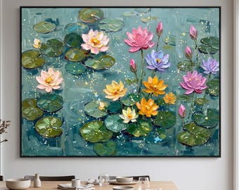 May include: An oil painting on canvas featuring a pond scene with numerous green lily pads and blooming lotus flowers in shades of pink, yellow, and purple. The water is a textured teal blue with scattered gold paint splatters throughout.