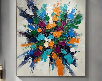 Pintura al óleo abstracta original con explosión de color, gran obra de arte mural moderna con textura impasto y salpicaduras de colores.