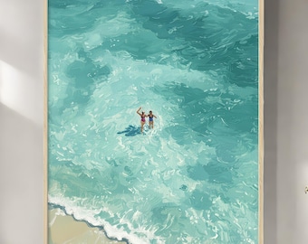 Large Turquoise Ocean Wall Art | Aerial Beach Painting | Impressionist Sea Swimmers Decor | Coastal Bedroom Art | Modern Framed Canvas Print