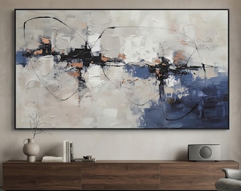 Large Abstract Wall Art | Modern Blue and Beige Horizontal Canvas | Textured Minimalist Painting for Living Room | Oversized Home Decor