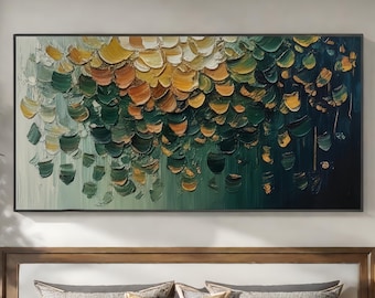 Large Abstract Wall Art Canvas, Emerald Green & Gold Textured Oil Painting, Modern Bedroom Decor, Oversized Horizontal Living Room Art