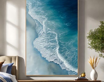 Aerial Ocean Wave Painting, Blue Coastal Wall Art, Modern Beach Seascape Decor, Calming Ocean Print