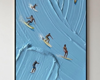 Abstract Surfer Wall Art | Textured Blue Ocean Wave Painting | Coastal Beach House Decor | Large Framed Surfing Print | Nautical Gift