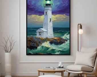 Impasto Lighthouse Painting,Palette Knife Textured Art,Dramatic Seascape Print,Moody Ocean Waves,Nautical Wall Decor,Gift for Him