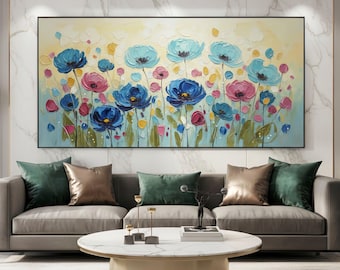 Großes Textur Blaue Blume Ölgemälde, Original Abstrakte Handgemalte Floral, Moderne Luxus Wohnkultur, Leinwand Wandkunst, Blumenlandschaft Kunst