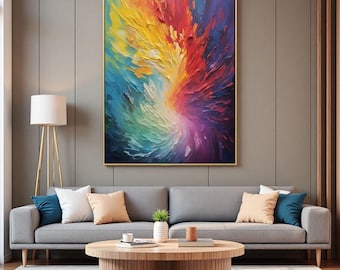 Multicolor Abstract Painting,Thick Texture Impasto Art,Red Blue Yellow Wall Art,Huge Canvas for Entryway,Modern Expressionism Decor