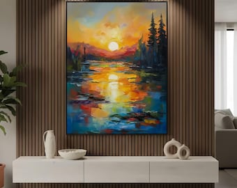 Large Sunset Lake Oil Painting, Abstract Textured Landscape Canvas
