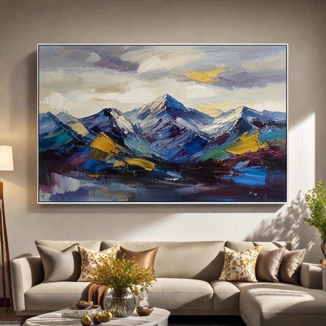 Abstract Mountain Lake Oil Painting, Large Textured Landscape Canvas ...