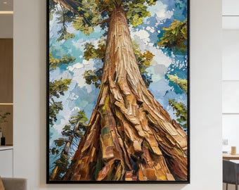 Giant Sequoia Tree Wall Art,Redwood Forest Oil Painting,Looking Up Perspective,Impasto Texture Canvas,National Park Decor