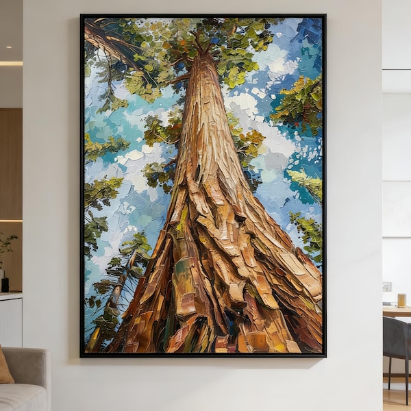 Quadro murale raffigurante una sequoia gigante, dipinto a olio raffigurante una foresta di sequoie, prospettiva in alto, tela con texture impasto, decorazione per parco nazionale