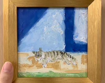 Mini Sunny Cat Nap Painting,6X6 in Textured Impasto Oil on Canvas,Small Framed Tabby Art,Blue and Gold Decor,Cozy Bedroom Art