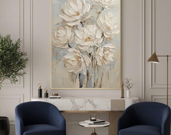 Elegantes weißes Blumenölgemälde, Segeltuch-Wandkunst, strukturierte Blumenmalerei, großes weißes Dekor, abstrakte Blumenkunst, Wohnzimmer-Wanddekor