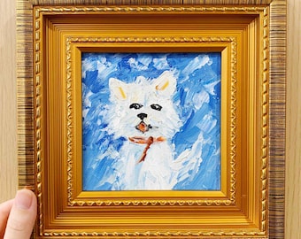 白い犬の絵 小さな絵 5x7 オリジナル油絵 ペットの肖像画 かわいい犬