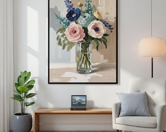 Large Floral Oil Painting,Textured Flower Vase Art,Original Impasto Canvas,Blush Pink and Blue Bouquet,Modern Living Room Wall Decor