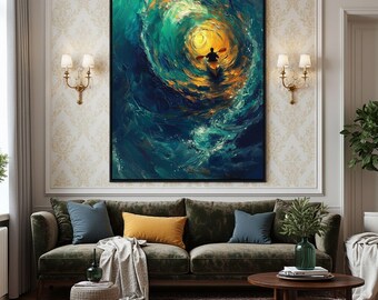 Large Abstract Green Ocean Painting,Teal and Gold Wall Art,Boat in Storm Canvas,Impasto Texture Seascape,Living Room Decor,Oversized Art