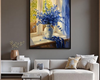 Impressionist Blue Flower Vase Oil Painting,Cottagecore Wall Art,Vintage Style Summer Floral Painting,Bright Happy Wall Decor,Gift for Mom