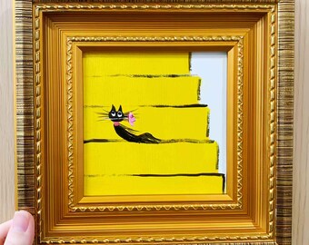 The Black Cat Is Leaning On The Stairs And Looking Up Oil Painting,Wall Art,9x9in Canvas,Black Cat Painting,Cat Portrail,Housewarming Gift