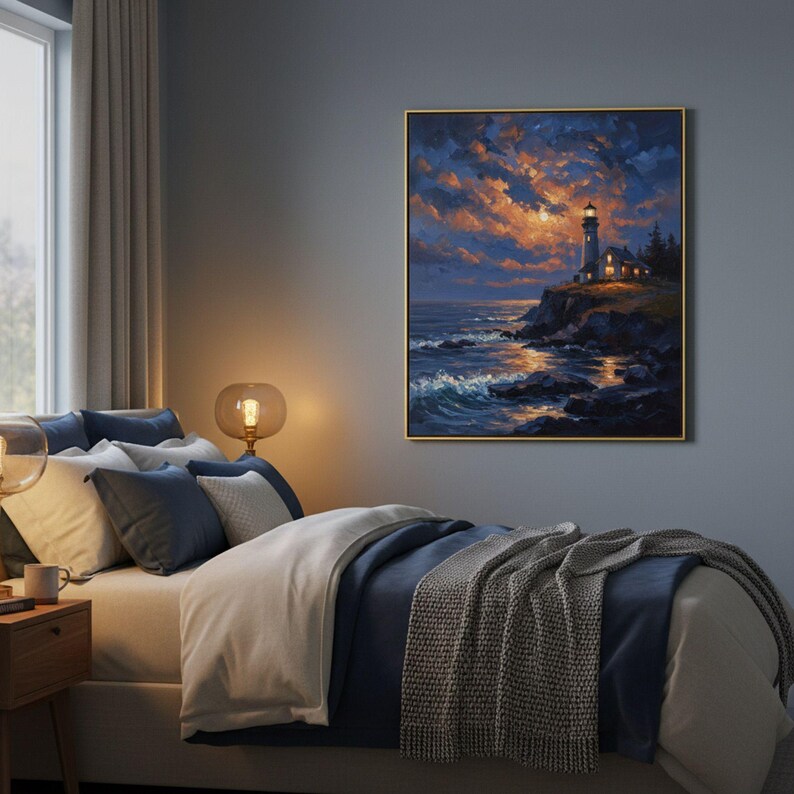 Pu&ograve; includere: Un dipinto incorniciato raffigura una scena costiera con un faro al tramonto. L'opera presenta una cornice dorata, un cielo drammatico con sfumature arancioni e blu e un faro illuminato che si affaccia sull'oceano. Il dipinto &egrave; appeso sopra un letto con lenzuola blu e bianche.