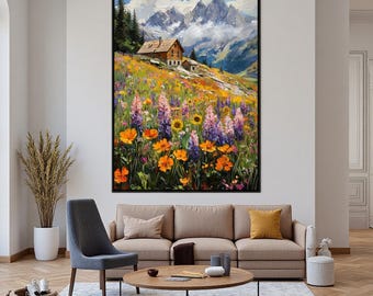 Vibrant Mountain Meadow & Rustic Cabin Oil Painting,Large Alpine Landscape Wall Art,Impressionist Wildflower Home Decor