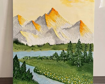 Original Gold Mountain With Stream Oil Painting,Sunset Wall Art,Mountain Scenery Art,Textured Wall Decor,Large Modern Living Room Home Decor
