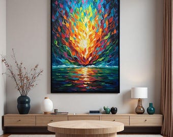 Pintura a óleo abstrata de grandes dimensões, arte de parede em tela colorida, decoração de sala de estar extragrande, pintura texturizada vibrante, arte vertical moderna.