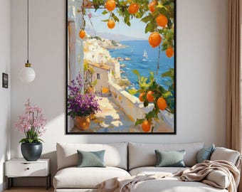 Vibrant Summer Wall Art,Citrus Fruit Oil Painting,Blue and Orange Decor,European Seascape,Large Framed Canvas,Bedroom Wall Hanging