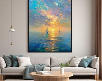 Dreamy Coastal Wall Art,Colorful Sunrise over Water,Serene Beach House Decor,Textured Modern Seascape,Large Vertical Blue Art,Sailing Gift