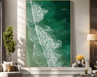 Green Ocean Wave Art Print, Modern Coastal Seascape Painting