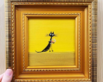 The Black Cat Is Running With The Fish Tank Original Oil Painting,Art,9x9 inch Canvas,Black Cat Painting,Cat Portrail,Black Cat Tiny Frame