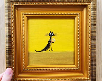 Black Cat Holding Fish Tank Oil Painting in Gold Frame,Gift for Cat Lovers,Small Wall Decor For Home,Office and Nursery,Black Cat Painting