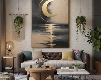 Abstract Golden Moon Wall Art,Large Black and Beige Oil Painting Print,Celestial Bedroom Decor,Modern Minimalist Landscape,Oversized Art