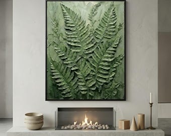 Original Large Sage Green Fern Oil Painting,3D Impasto Botanical Wall Art,Textured Leaf Canvas Art,Modern Minimalist GreeneryDecor,HomeDecor