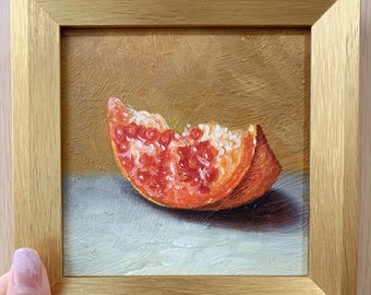Origineel granaatappelolieverfschilderij, ingelijst fruitstilleven, klein rood fruit muurkunst, realisme keukendecor, 6 x 6 inch mini vierkant canvas