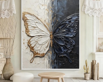 Dipinto a olio su tela originale con farfalla in bianco e nero, arte murale astratta in bianco e nero, grande dipinto in impasto, arredamento di lusso per soggiorno