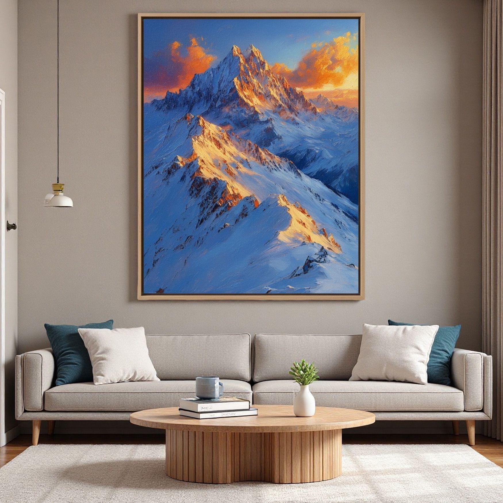 Majestic Snowy Mountain Painting,golden Alpenglow Peak,large