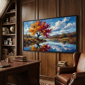 Original Panoramic Autumn Tree Oil Painting On Canvas, 3D Textured River Reflection Wall Art, Vibrant Fall Landscape Impasto, Nature Decor