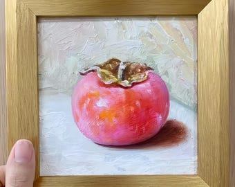Persimmon Fruit Painting Framed,Cottagecore Kitchen Decor,Original Impasto Art,Small Oil Painting on Board,Rustic Gold Frame Art