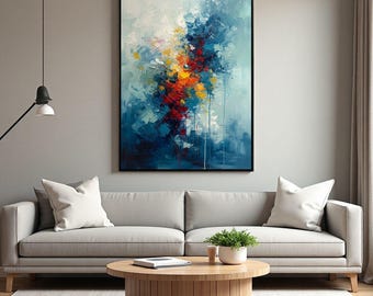 Modern Abstract Painting,Vibrant Textured Canvas Art,Large Living Room Decor,Contemporary Statement Wall Art,Original Blue Red Orange Yellow