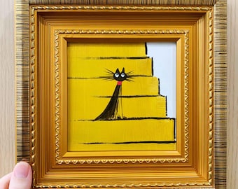 Peinture à l'huile de rayures de chat noir doré, art mural animalier texturé, petit art original encadré, décoration d'amoureux des chats, art mural pour portrait d'animal de compagnie, toile de 5 x 5 pouces