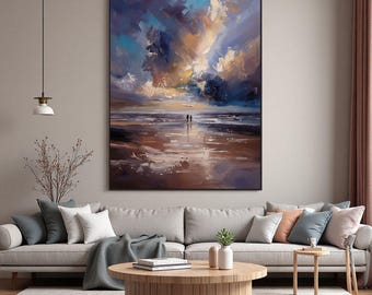 Romantic Couple Walking Art,Anniversary Gift for Parents,Sunset Beach Painting,Journey Together Concept Art,Bedroom Over Bed Wall Decor
