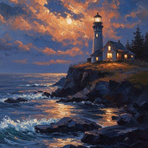 Pu&ograve; includere: Dipinto a olio di un faro su una scogliera al tramonto. Il cielo &egrave; pieno di nuvole arancioni e blu, e la luna &egrave; visibile. Il faro &egrave; bianco con una luce accesa e una casa &egrave; accanto. Le onde dell'oceano si infrangono sulle rocce sottostanti.
